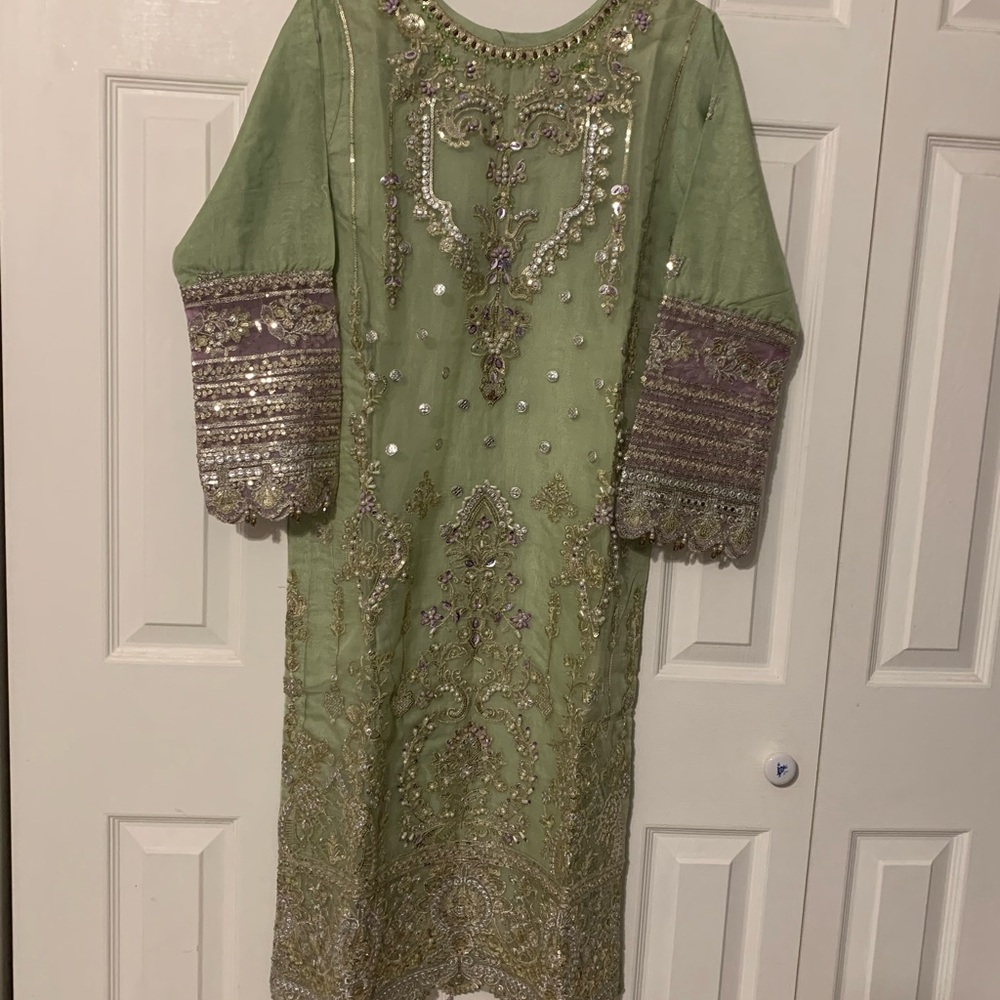 Embellished Green & Purple Indian Pakistani Dress with Palazzo Pants & Dupatta